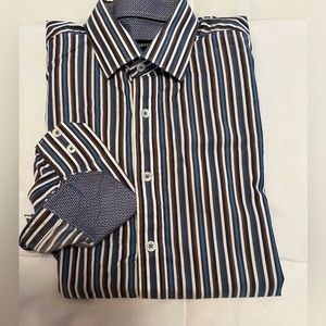 Bugatchi/men’s casual shirt, size S, blue, brown, ivory stripes